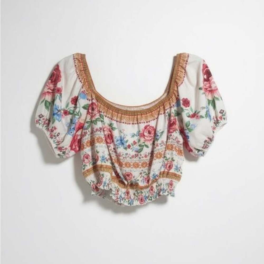 Floral Puff Sleeve Peasant Smocked Crop Top